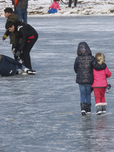 901345 Afbeelding van enkele kinderen op het ijs van de grote plas bij het Anafora Parkrestaurant (Uilenboslaan 1) in ...